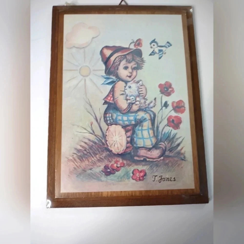 T. Jones vintage picture boy with kitten and flowers 9 1/ 2" x 7"